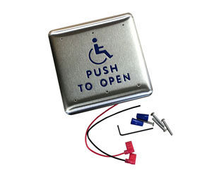 BEA 10PBS1 4 3/4" Square Stainless Push Plate, Blue Handicap Logo & Blue "Push To Open" Text