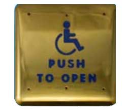 BEA 10PBS1BB 4 3/4" Square Bright Finish Brass Push Plate, Blue Handicap Logo & Blue "Push To Open" Text