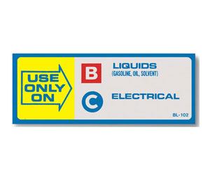 Brooks BL102 Fire Classification Label - "USE ONLY ON - BC"