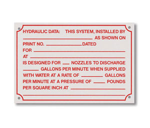 Brooks A164 Sprinkler Identification Sign ”HYDRAULIC DATA...” - 6" x 4"
