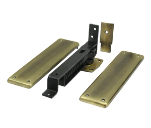 Deltana DASH95U5 Horizontal Spring Pivot Hinge-Medium Duty-Hold Open-Brass Cover Plate and Trim - Antique Brass