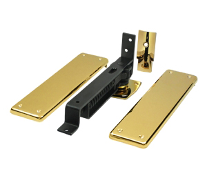 Deltana DASH95CR003 Horizontal Spring Pivot Hinge-Medium Duty-Hold Open-Brass Cover Plate and Trim - PVD Polished Brass