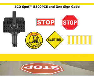 Forklift Training ES-B300PCE-SB 45/3-6 APF ES-CM1 STOP SIGN Virtual STOP Sign - 300 Watt LED Gobo Projector, 45 feet Mount Height, 3-6 ft Image Size, Average Production Floor Brightness with Add On Control Module