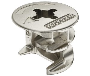 Hafele 262.25.535 Connector Housing, Minifix® 15 Cam, with Flanged Rim, 3/4" Min Wood Thickness, 9/16" Drilling Depth, Zinc, Nickel Plated