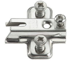 Hafele 323.84.704 Mounting Plate, Super Compact Cruciform, One Part Plate, for Grass Slide On System Hinges, 0" Height, Pre-Mounted Euro Screw Fixing, Pressed Steel