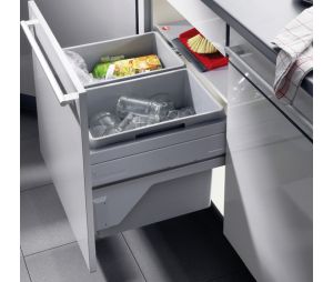 Hafele 502.73.902 Pull Out Waste Bin, Hailo Euro Cargo S, 2 x 31.7 qt, Steel, Plastic Bins, Silver Gray, Light Gray Bins Color, 1 Set