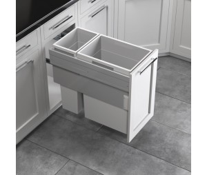 Hafele 502.77.521 Waste Bin Pull-Out, Hailo US Cargo FF 15, Face Frame, Set of 1 x 39 qt and 1 x 15.9 qt Bins, Steel/Plastic, Silver/Light Gray