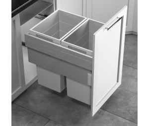 Hafele 502.77.532 Waste Bin Pull-Out, Hailo US Cargo 18 FL, Full Access, Set of 2 x 39 qt Bins, Steel/Plastic, Silver/Light Gray