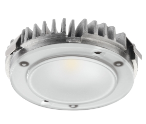 Hafele 833.72.360 Modular Puck Light, Loox LED 2026, 12 V, 57.15 mm (2-1/4") Drill Hole Dia., Warm White 2700 K, Aluminum, Silver Colored
