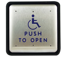 Hager 2-659-0169 US32D/Blue 6" Square Actuator Push to Open Text and Logo - Satin Stainless Steel with Blue