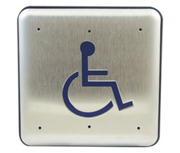 Hager 2-659-0173 US32D/Blue 4.5" Square Actuator Handicap Logo Only - Satin Stainless Steel with Blue