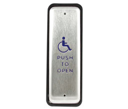 Hager 2-659-0175 US32D/Blue 1.5" x 4.75" Jamb Actuator Push to Open Text and Logo - Satin Stainless Steel with Blue