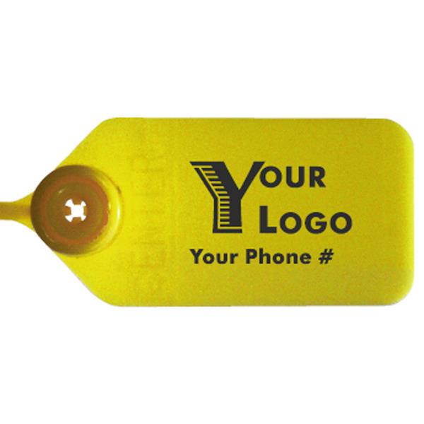 Heiser 401BK Yellow Custom Imprinted Pull-Tite Fire Extinguisher Tamper Seals - Black Imprint, One-Sided, Notch Side (500/bag)