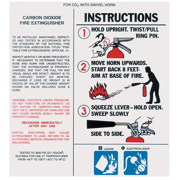 Heiser LAB09 5 lb. CO2 Fire Extinguisher w/Hose and Horn Instruction Label - 3"W x 5 1/4"H