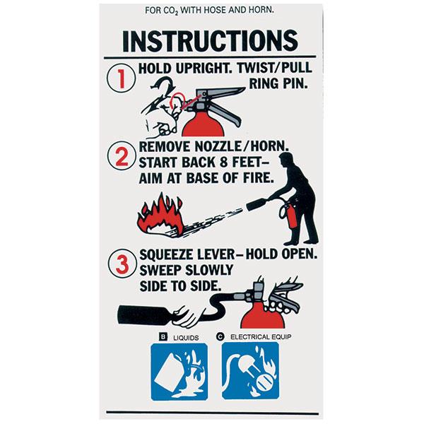 Heiser LAB10 CO2 Fire Extinguisher w/Hose and Horn Instruction Label - 3"W x 5 1/4"H