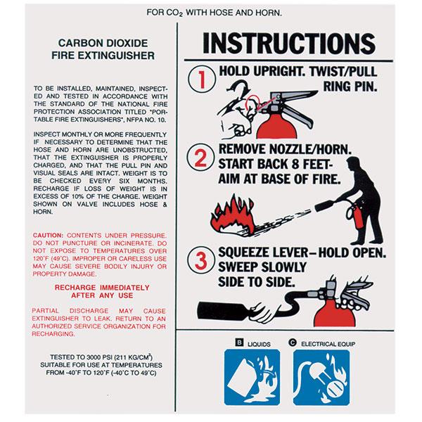 Heiser LAB11 10 lb. - 20 lb. CO2 Fire Extinguisher w/Hose and Horn Instruction Label - 3"W x 5 1/4"H