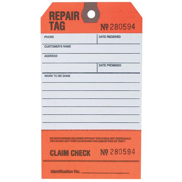 Heiser RTAG Customer Repair and Claim Check Tag - 3 1/8"W x 5 1/2"H (100/pack)