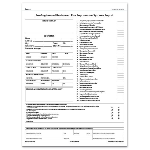 Heiser SER100F Florida Pre-Engineered Restaurant Fire Suppression System Report - 8 1/2"W x 11"H, 3-Part Carbonless (100/pack)