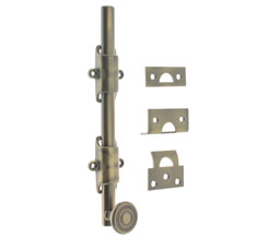 idh 11278SB 005 Solid Brass Decorative Heavy Duty Surface Bolt with Colonial Swirl Knob and Standard Guides - 12" - Antique Brass