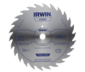 Irwin 11040ZR Classic Series Portable Corded Steel Circular Saw Blade - Wood Cutting, 7-1/4" Dia., 26-Tooth - Carded