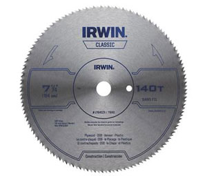 Irwin 21840ZR Classic Series Portable Corded Steel Circular Saw Blade - Wood Cutting, 7-1/4" Dia., 140-Tooth - 10 Bulk Pack