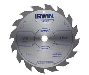 Irwin 15030 Classic Series Portable Corded Carbide Circular Saw Blade - Wood cutting, 7-1/4" Dia., 16-Tooth - Carded