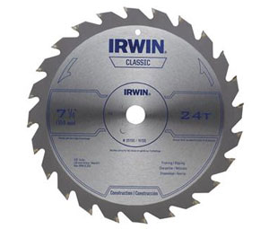 Irwin 15130 Classic Series Portable Corded Carbide Circular Saw Blade - Wood cutting, 7-1/4" Dia., 24-Tooth - Carded