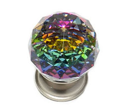 JVJ 35646 Satin Nickel Finish 30 mm (1 3/16") Round Faceted 31% Leaded Crystal Knob with Prism, Composition Solid Brass