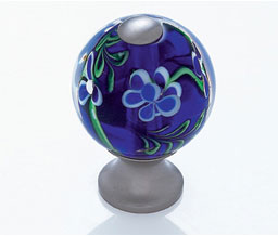 JVJ 45746 Satin Nickel Finish 30 mm Round Glass Knob - Blue Flowers, Composition Glass