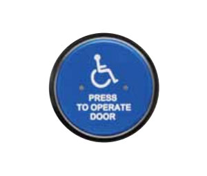 MS Sedco 59R4-H 59R4 Series 4-1/2" Round Push Plate Switch - Blue Powder Coat with White Paint WHEELCHAIR / PRESS TO OPERATE DOOR