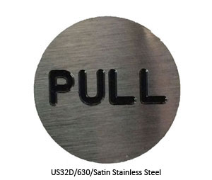 Rockwood RM1110L-630 PULL Indicator Plate - 1" Diameter - Adhesive Mount - Satin Stainless Steel