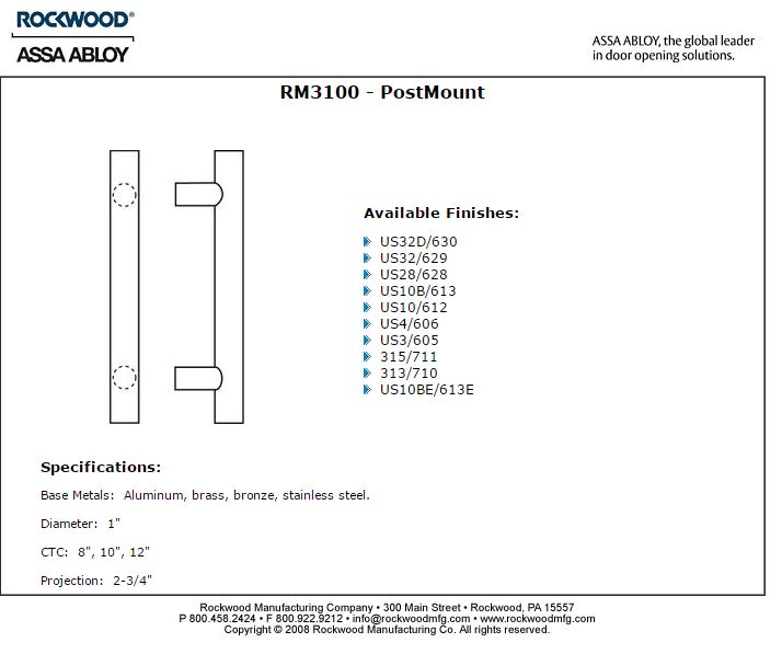 Rockwood RM31008630 Straight Square Ends Post Mount Pull Bar 8" CTC