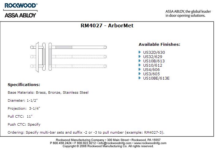 Rockwood RM40278x323605 Straight ArborMet™ Wood Grip Round End Push