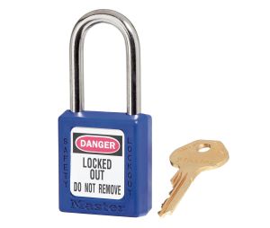 Master Lock 410BLU Blue Zenex Thermoplastic Safety Padlock 1 1/2" Wide 1 1/2" Tall Shackle 6-Pin Cylinder Keyed Different
