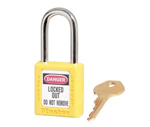 Master Lock 410KA-W400-YLW Yellow Zenex Thermoplastic Safety Padlock 1 1/2" Wide 1 1/2" Tall Shackle 6-Pin Cylinder Keyed Alike