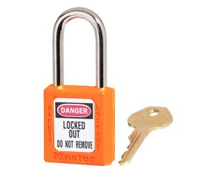 Master Lock 410KA-ORJ Orange Zenex Thermoplastic Safety Padlock 1 1/2" Wide 1 1/2" Tall Shackle 6-Pin Cylinder Keyed Alike