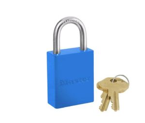 Master Lock 6835BLU Blue Powder Coated Aluminum Safety Padlock 1 1/2" Wide 1" Tall Shackle 5-Pin Cylinder Keyed Different