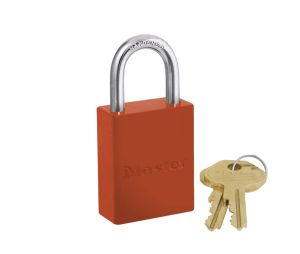 Master Lock 6835ORJ Orange Powder Coated Aluminum Safety Padlock 1 1/2" Wide 1" Tall Shackle 5-Pin Cylinder Keyed Different