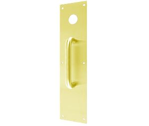 Don-Jo CFC-7115-605 Pull Plate, .050 in. Thick x 4 in. x 16 in., with 6 in. CTC Pull, with 1-1/4 in. Cylinder Hole, Bright Brass
