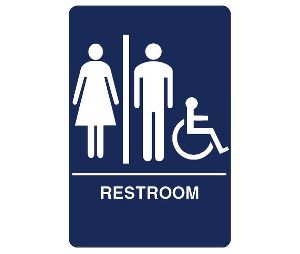 Don-Jo HS-9070-32 A.D.A. Sign, Women/Men/Handicap/Restroom, 6 in. Wide x 9 in. High, Raised Lettering, White on Blue