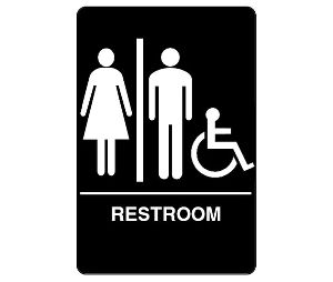 Don-Jo HS-9090-32 A.D.A. Sign, Women/Men/Handicap/Restroom, 6 in. Wide x 9 in. High, Raised Lettering, White on Black