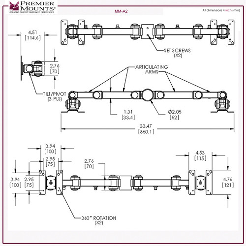 Premier Mounts PRE-MMAH153 Triple Display Arm on 15" Pole with Grommet Base