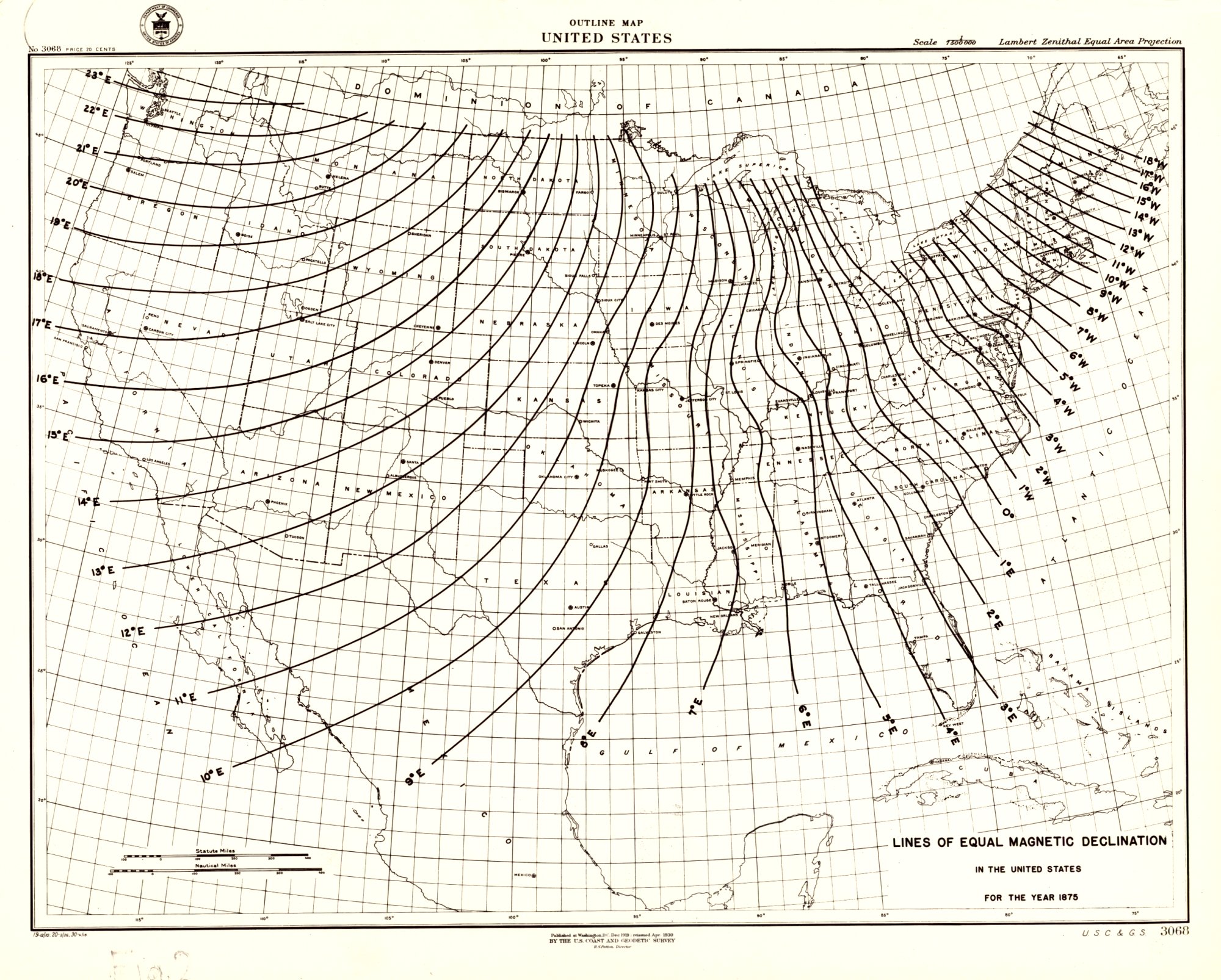 Lines of equal magnetic declination for the year 1875