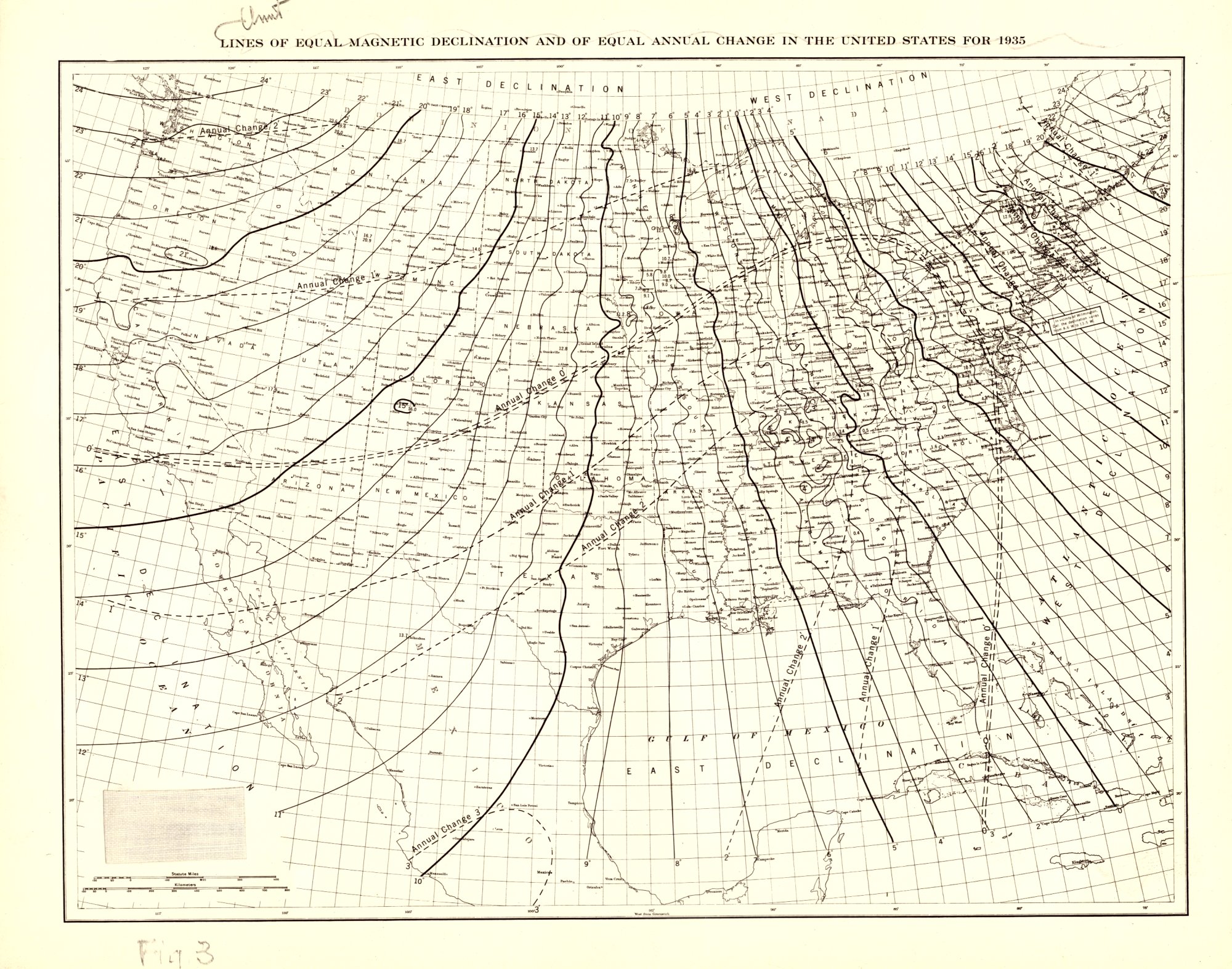 Lines of equal magnetic declination and equal annual change for 1935
