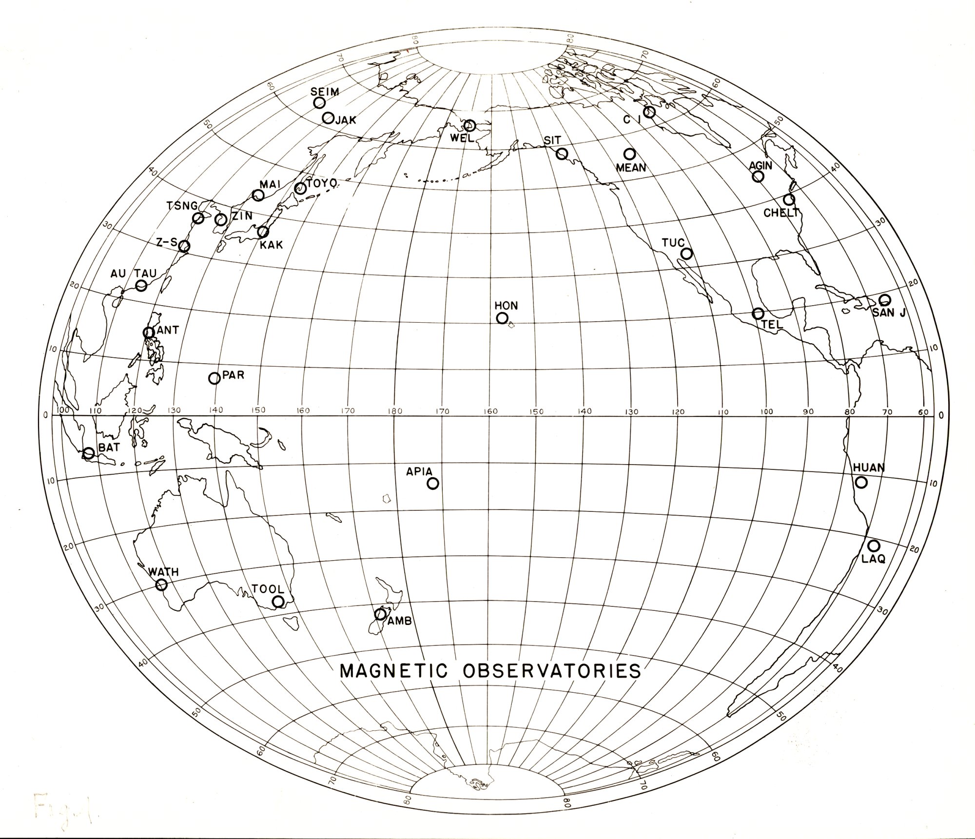 Location of magnetic observatories in United States and Pacific Ocean
