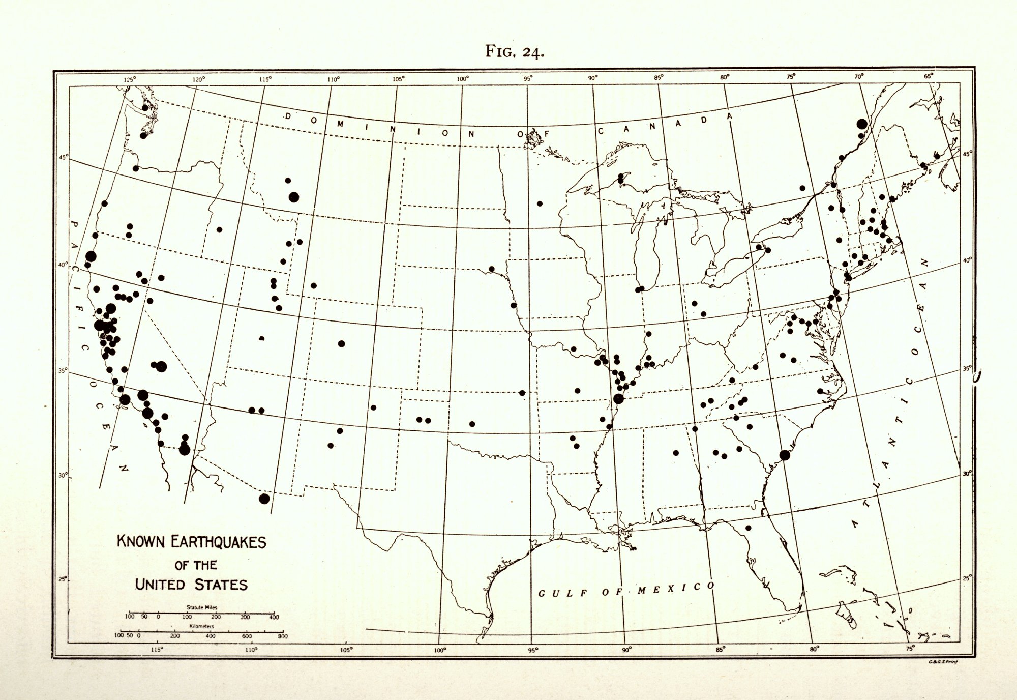 Map showing Known Earthquakes of the United States