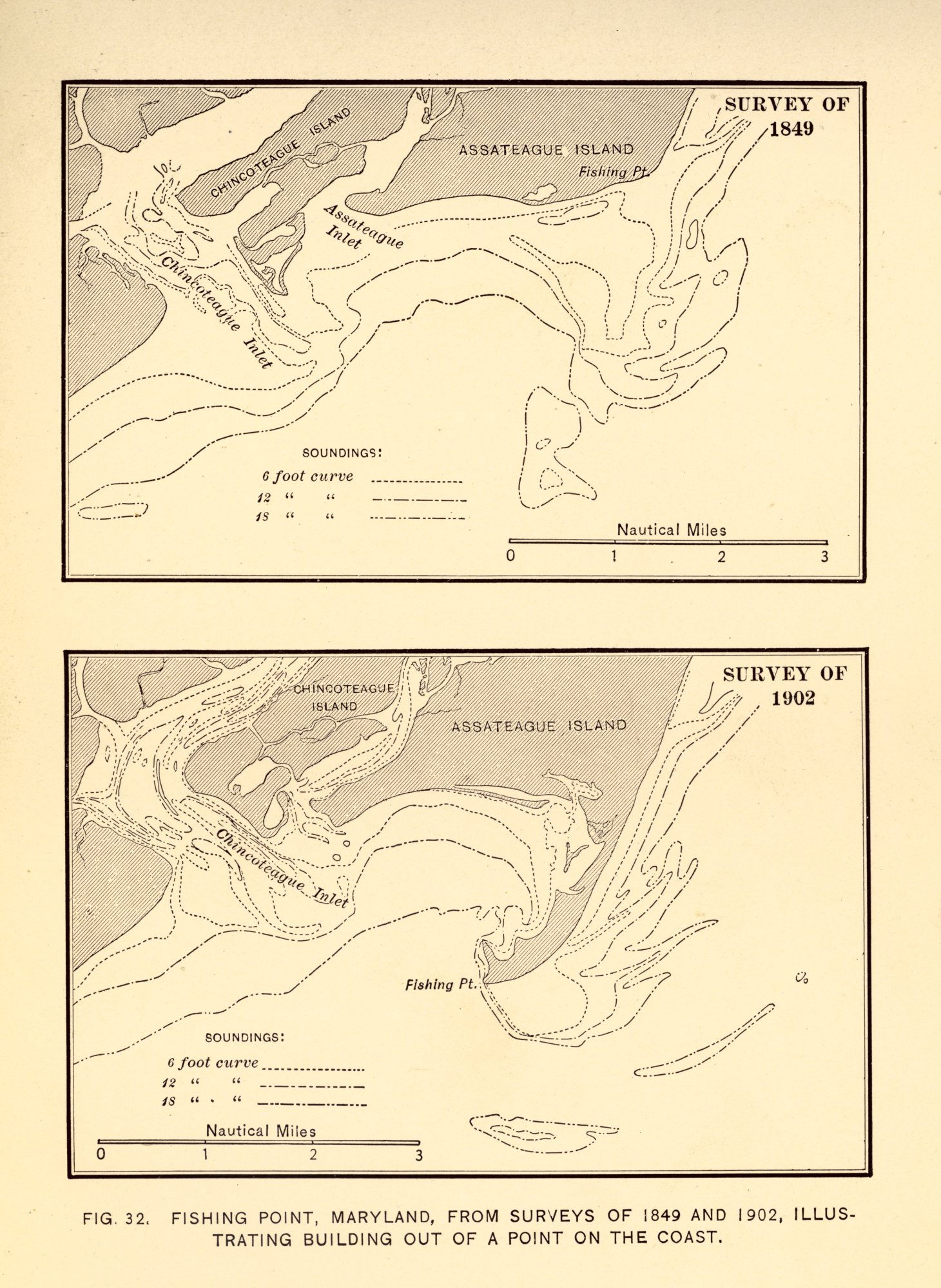 Coast Survey surveys of Chincoteague Island, Virginia illustrating building outof land areas between 1849 and 1902