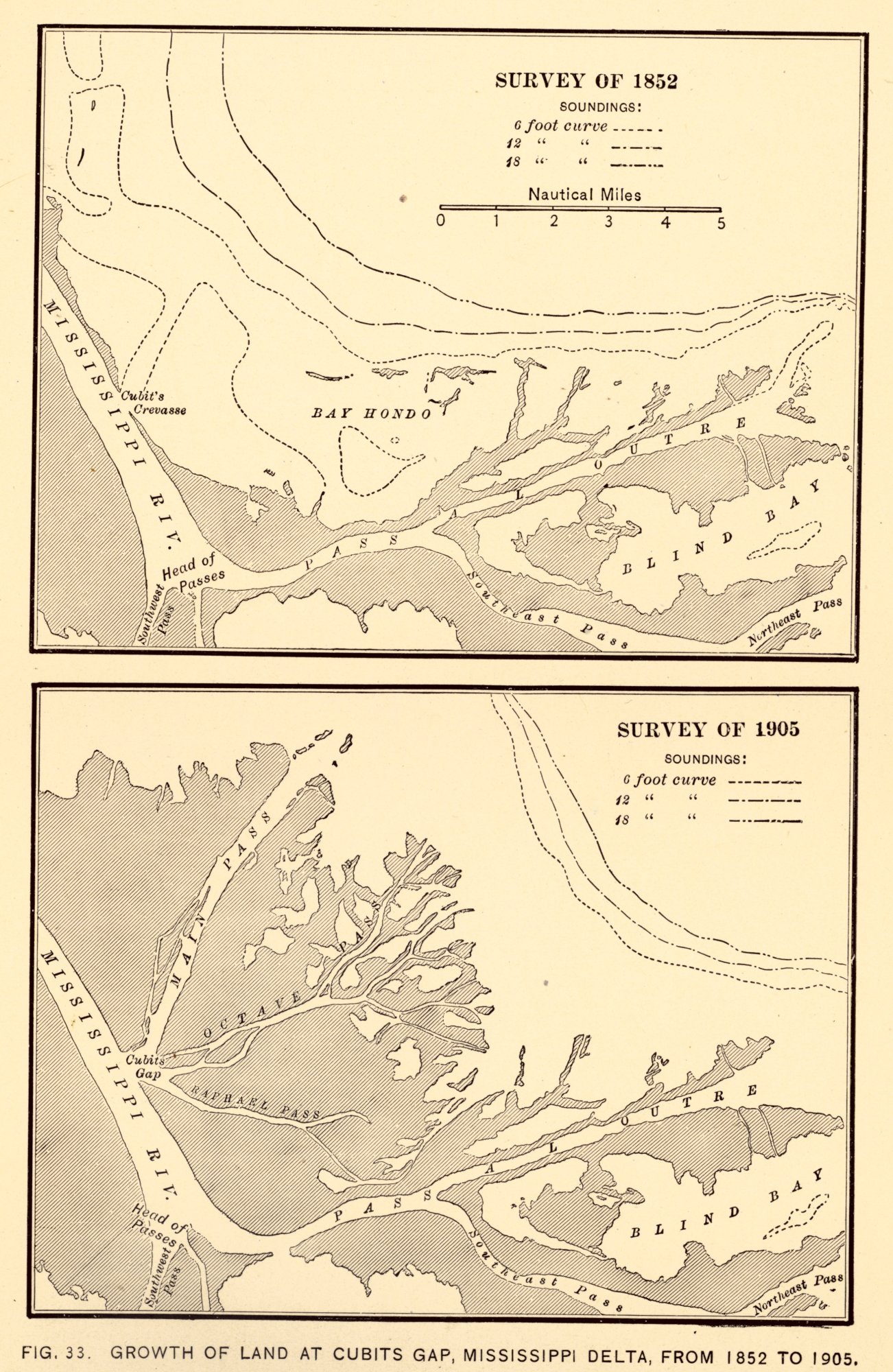 Growth of land at Cubits Gap, Mississippi River Delta, between 1852 and 1905