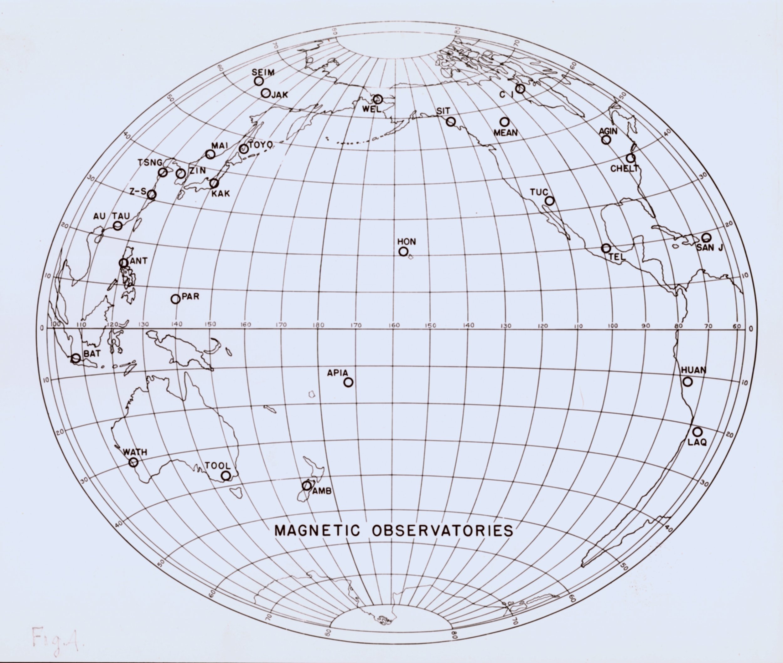 Map showing the magnetic observatories of the world