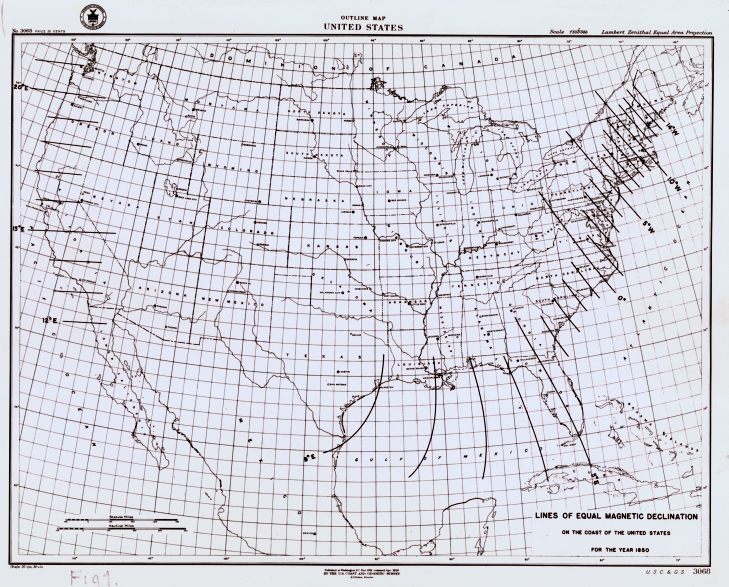 Map showing lines of equal magnetic declination as determined by the CoastSurvey in 1850